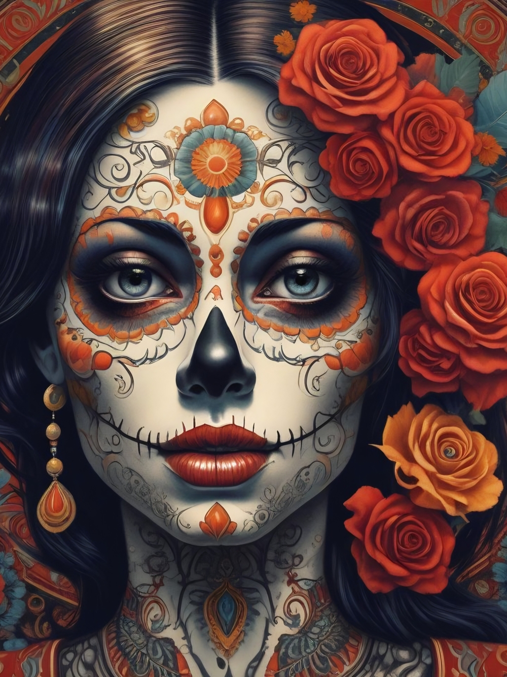 Day of the Dead Floral Skull Art Print in Orange and Black
